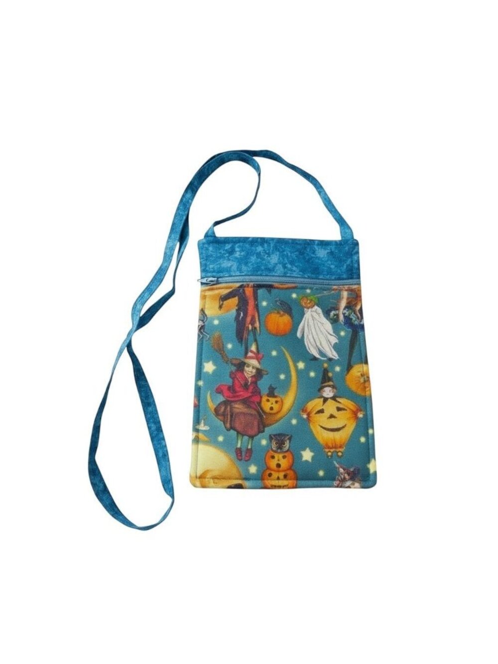 Halloween-Themed Crossbody Bag With Vintage Witch & Pumpkin Print Zipper Closure